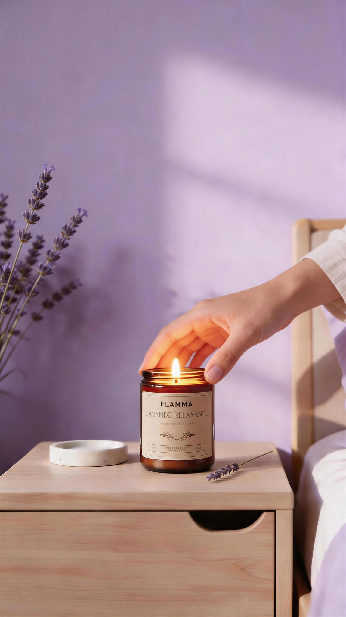 Bougie lavande relaxante FLAMMA allumée sur table de chevet ambiance apaisante