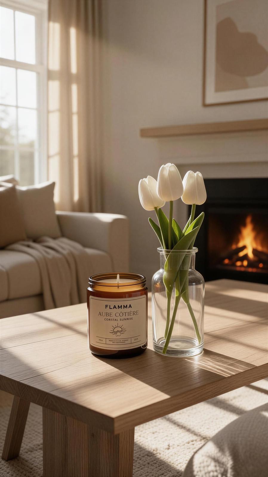 Bougie parfumée Aube Côtière en cire de soja naturelle dans un salon chaleureux – FLAMMA