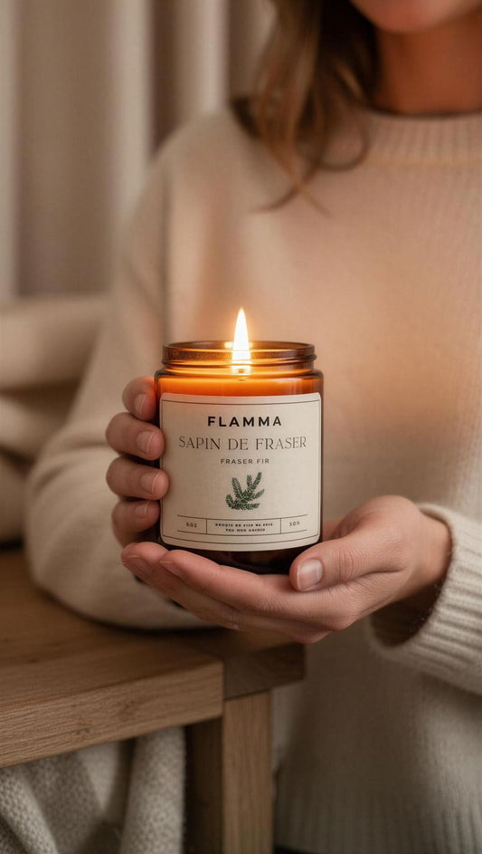 Bougie parfumée FLAMMA Sapin de Fraser allumée dans une ambiance cozy