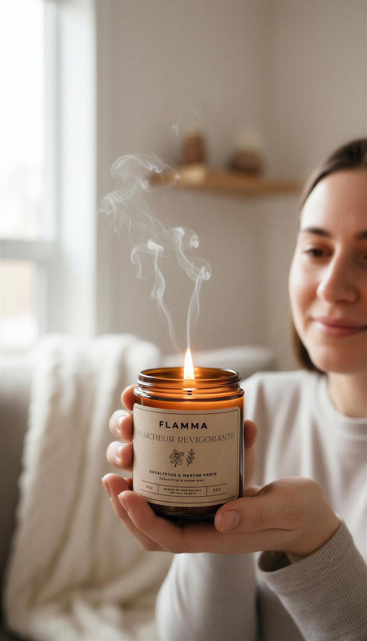 Personne tenant une bougie parfumée eucalyptus et menthe en cire de soja naturelle – FLAMMA