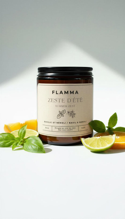 Bougie parfumée Zeste d’Été aux agrumes, basilic et néroli – FLAMMA