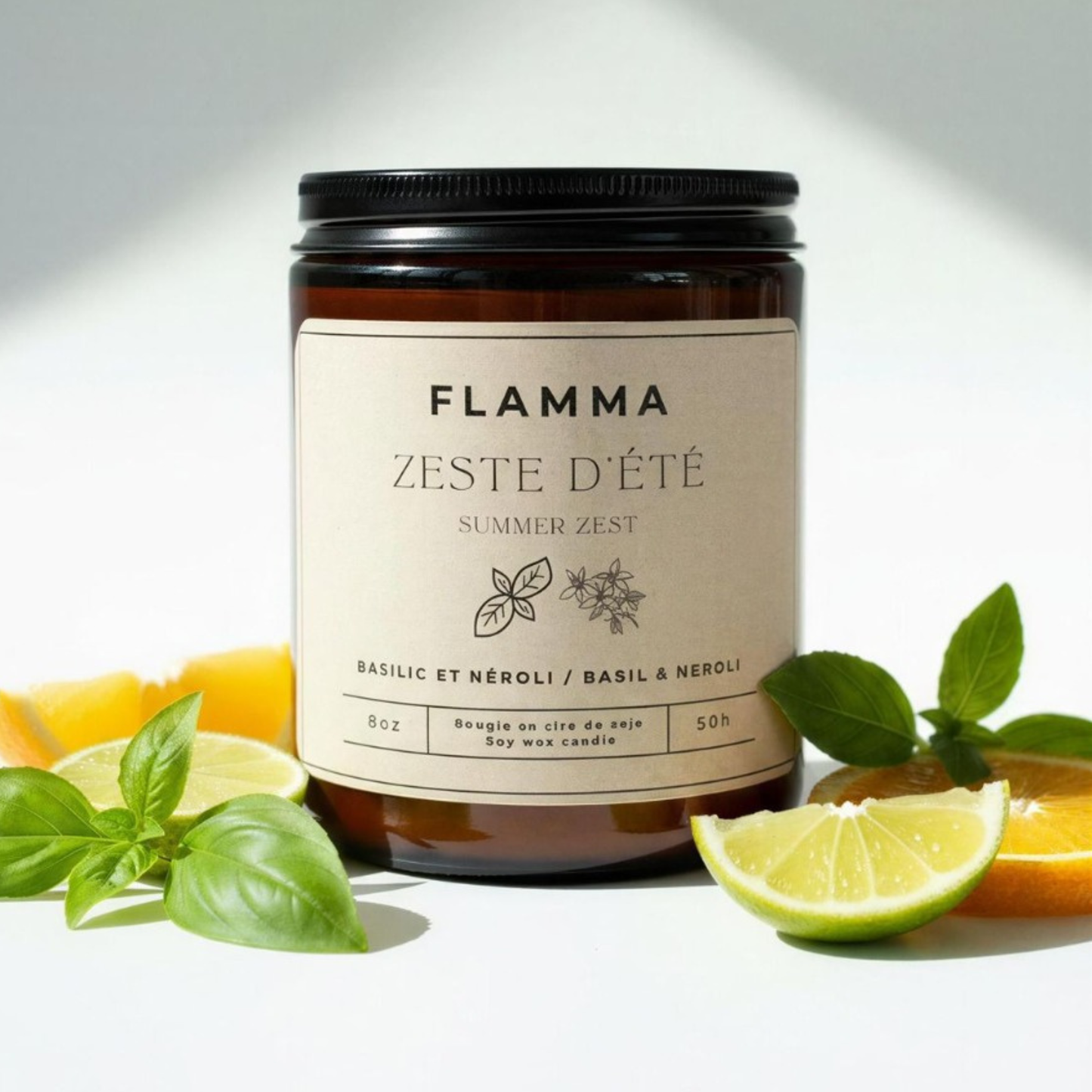 Bougie parfumée Zeste d’Été aux agrumes, basilic et néroli – FLAMMA