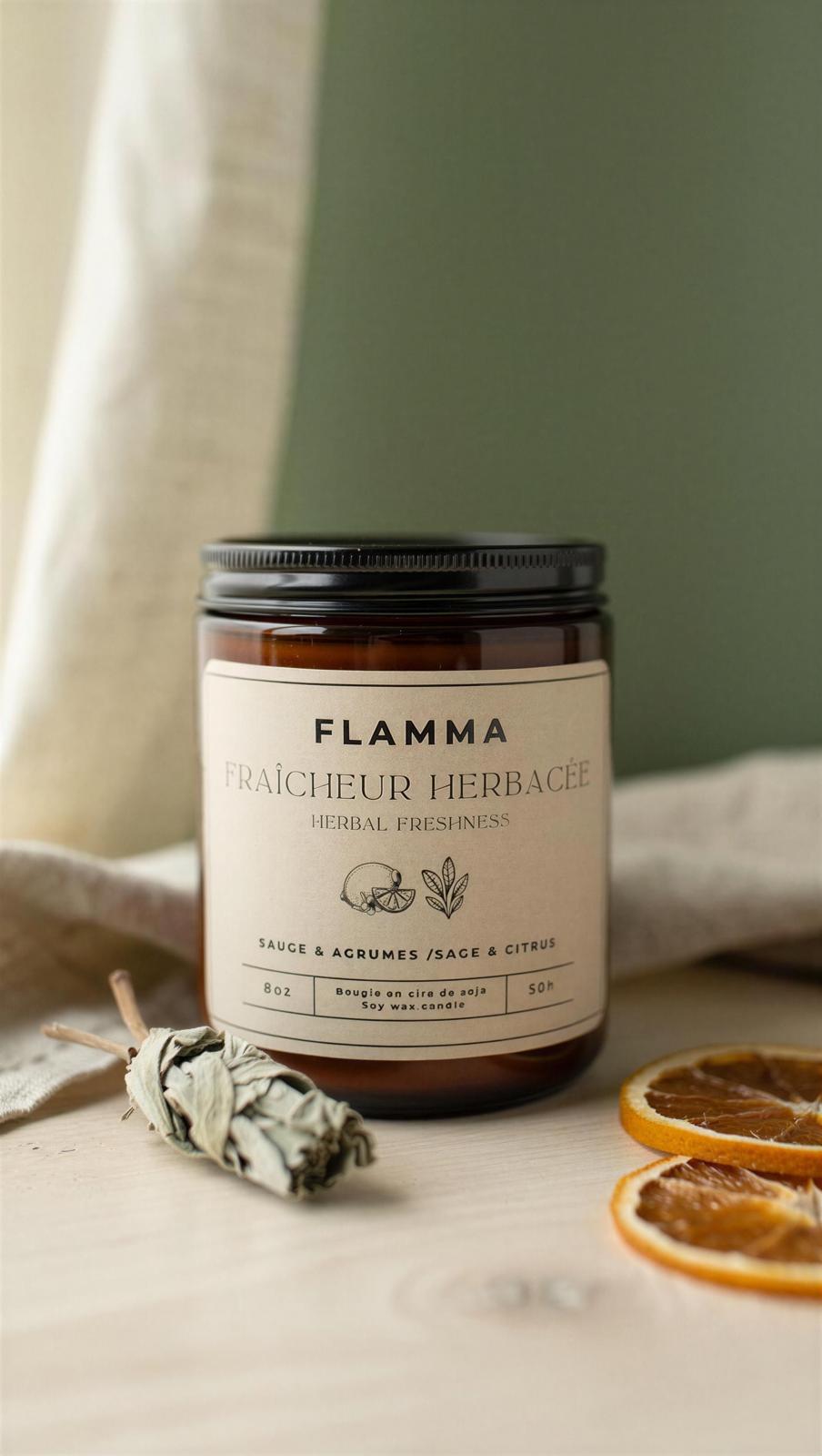 Bougie parfumée sauge et agrumes Fraîcheur Herbacée – FLAMMA