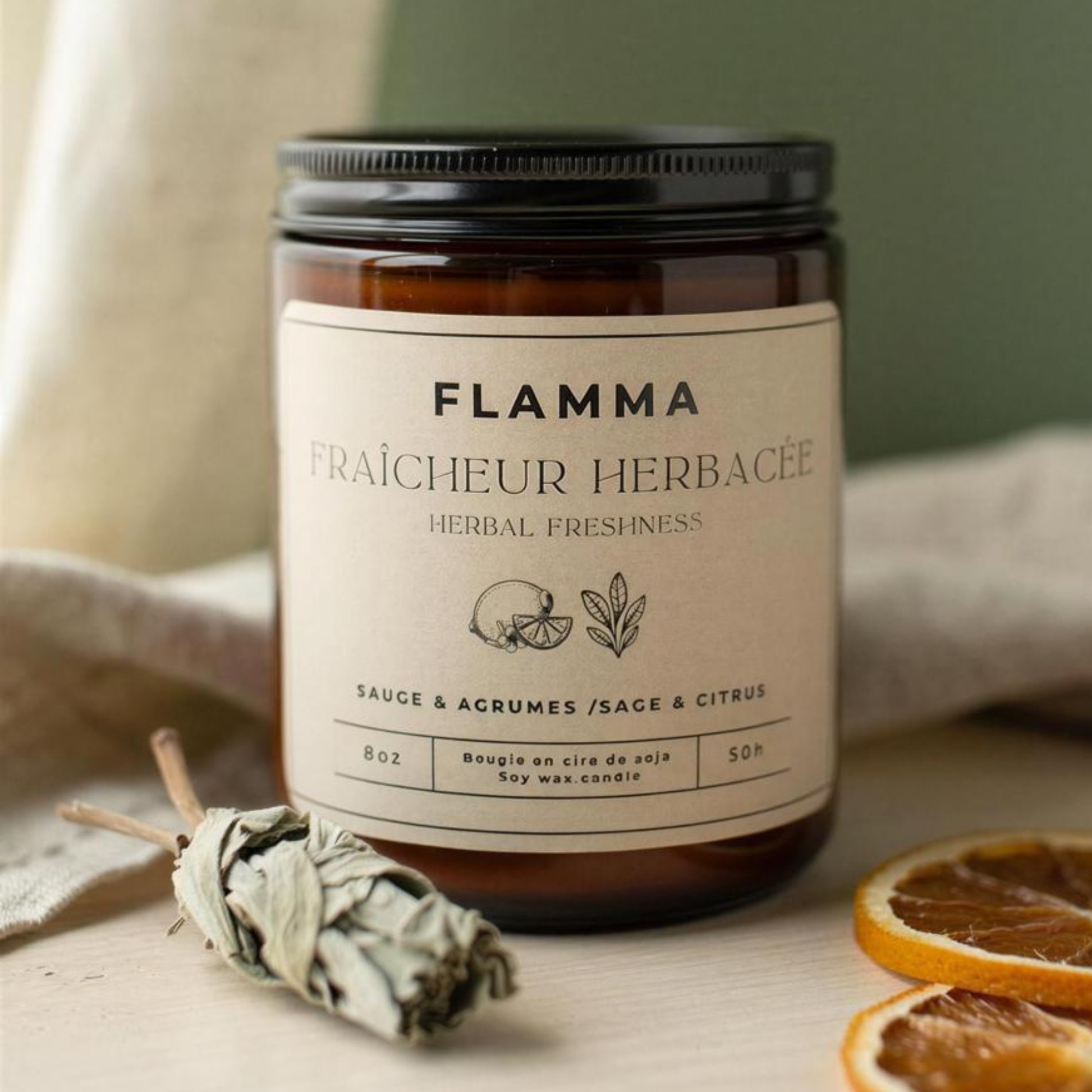 Bougie parfumée sauge et agrumes Fraîcheur Herbacée – FLAMMA