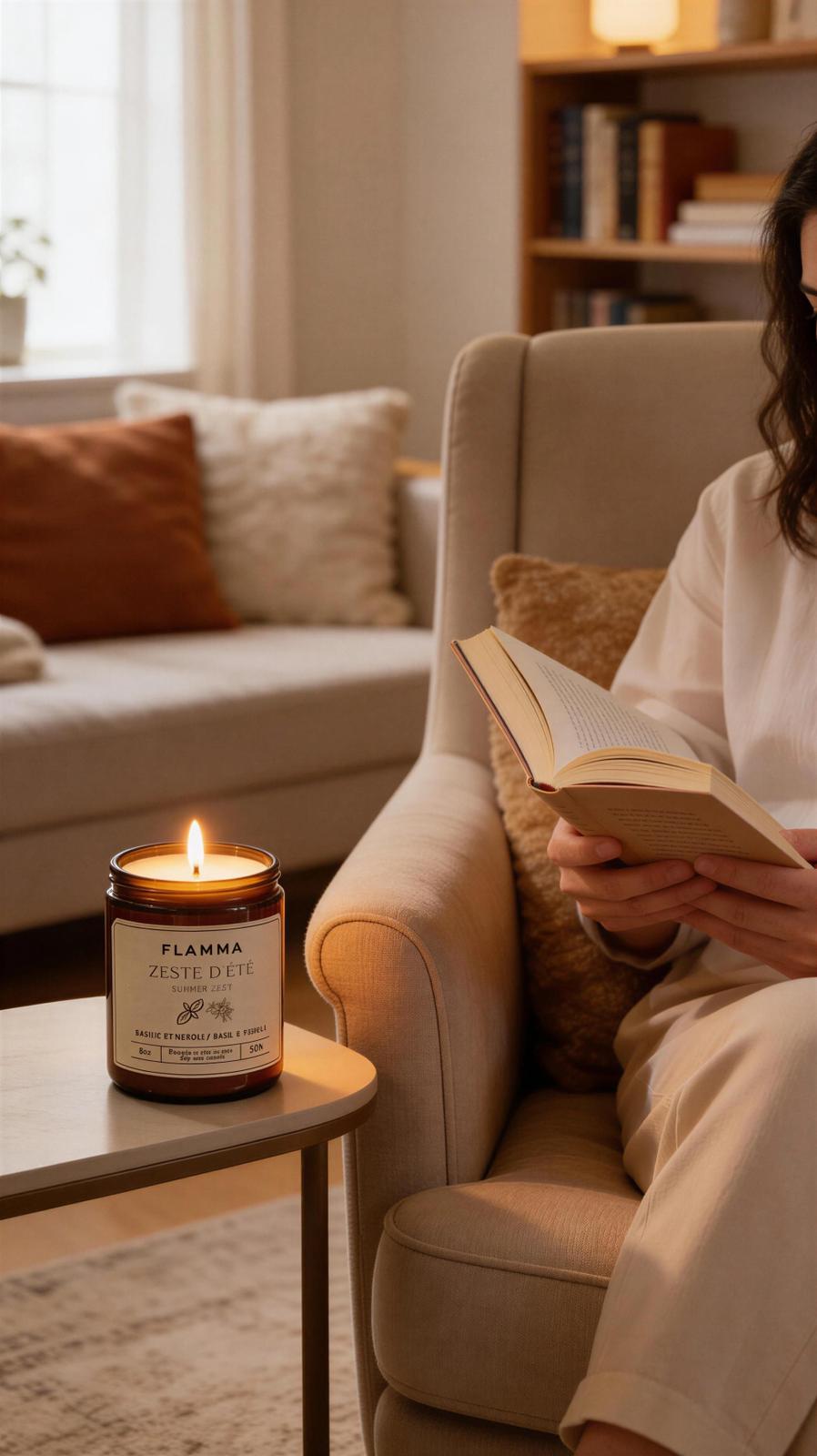 Bougie parfumée FLAMMA allumée dans un salon cozy pendant un moment de lecture