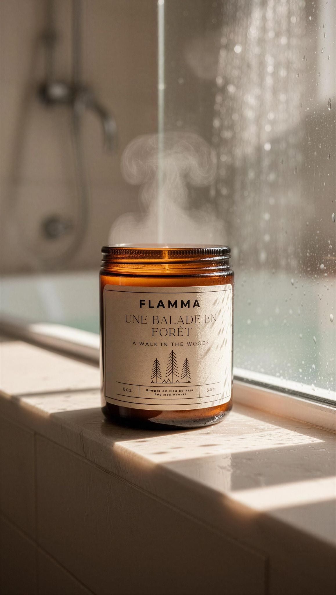 Bougie parfumée FLAMMA créant une ambiance spa et bien-être dans une salle de bain